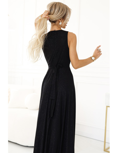  587-1 MONIQUE long exclusive dress with a neckline and a leg slit - black with glitter 