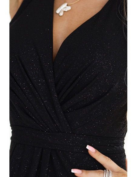  587-1 MONIQUE long exclusive dress with a neckline and a leg slit - black with glitter 