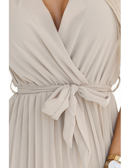  424-7 Chiffon pleated dress with neckline and ruffles - beige 