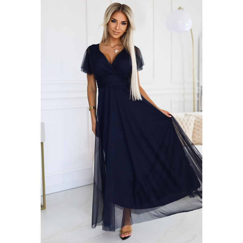  562-1 NASTIA Long dress with neckline and short sleeves - navy blue 