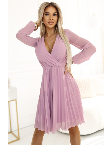  313-16 ISABELLE Polish pleated dress with long sleeves and neckline - powder pink 