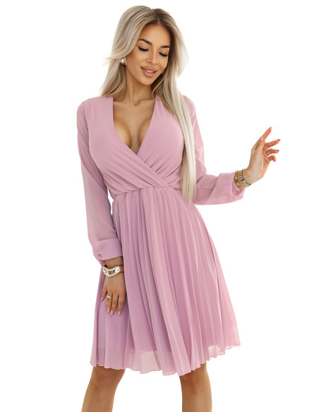  313-16 ISABELLE Polish pleated dress with long sleeves and neckline - powder pink 