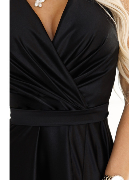  587-2 MONIQUE long exclusive satin dress with neckline and leg slit - black 