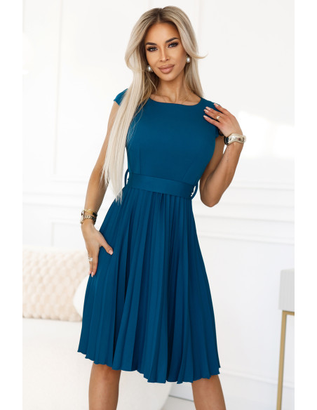  311-17 LILA Classic pleated dress with short sleeves and a belt - sea color 