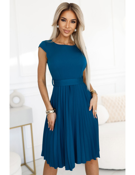  311-17 LILA Classic pleated dress with short sleeves and a belt - sea color 