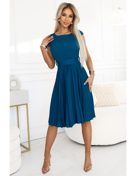  311-17 LILA Classic pleated dress with short sleeves and a belt - sea color 
