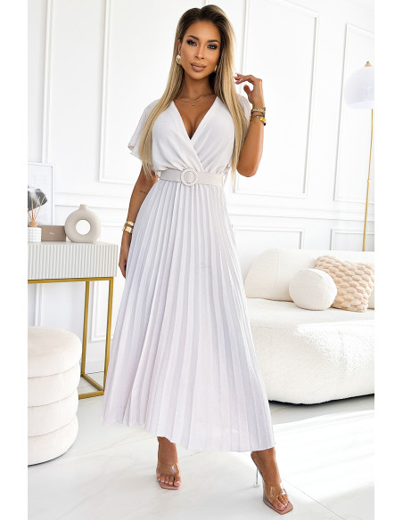  585-1 Pleated midi summer dress with a neckline and a wide belt - ecru 