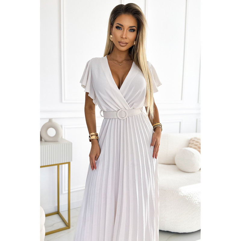  585-1 Pleated midi summer dress with a neckline and a wide belt - ecru  2