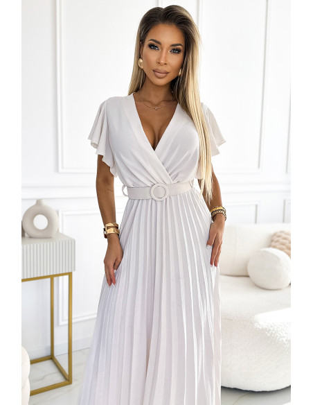  585-1 Pleated midi summer dress with a neckline and a wide belt - ecru 