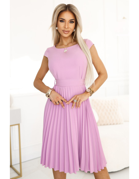 311-18 LILA Classic pleated dress with short sleeves and a belt - heather color 