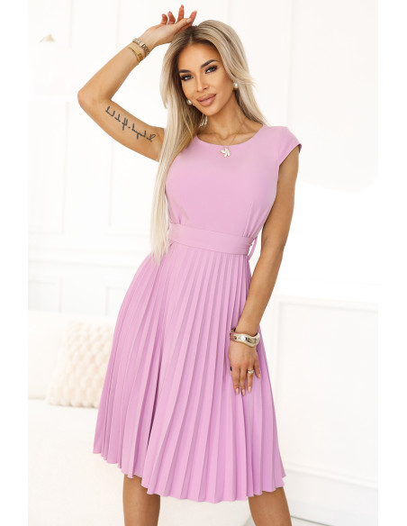  311-18 LILA Classic pleated dress with short sleeves and a belt - heather color 