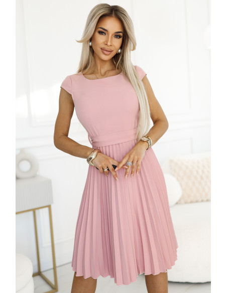  311-19 LILA Classic pleated dress with short sleeves and a belt - powder pink 