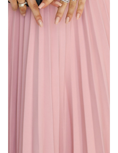  311-19 LILA Classic pleated dress with short sleeves and a belt - powder pink 