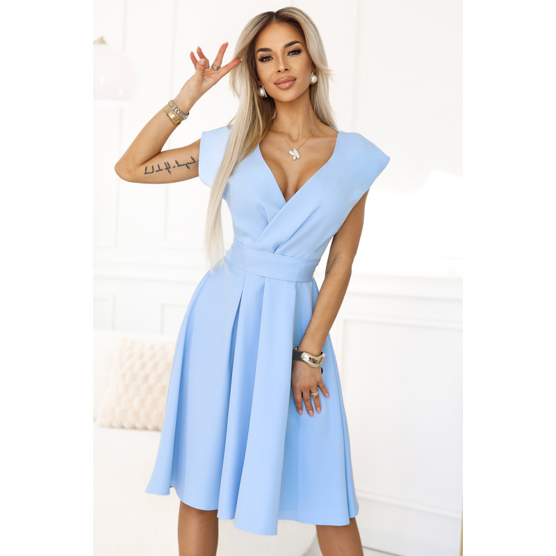  348-12 SCARLETT - flared midi dress with envelope neckline and belt - light blue 