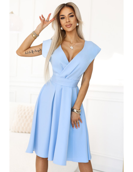  348-12 SCARLETT - flared midi dress with envelope neckline and belt - light blue 