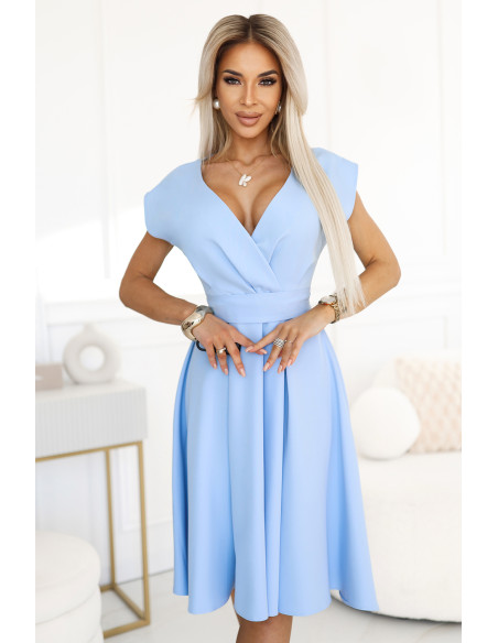  348-12 SCARLETT - flared midi dress with envelope neckline and belt - light blue 