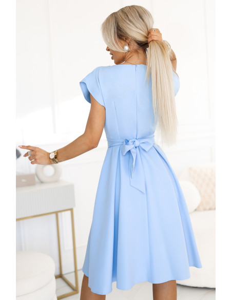  348-12 SCARLETT - flared midi dress with envelope neckline and belt - light blue 