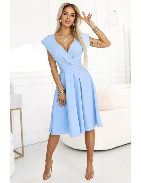  348-12 SCARLETT - flared midi dress with envelope neckline and belt - light blue 