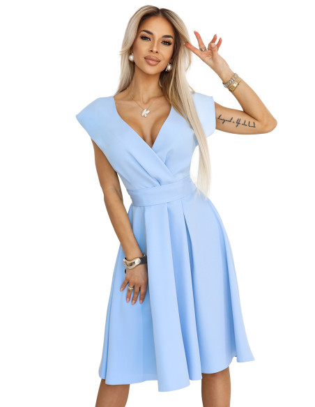  348-12 SCARLETT - flared midi dress with envelope neckline and belt - light blue 