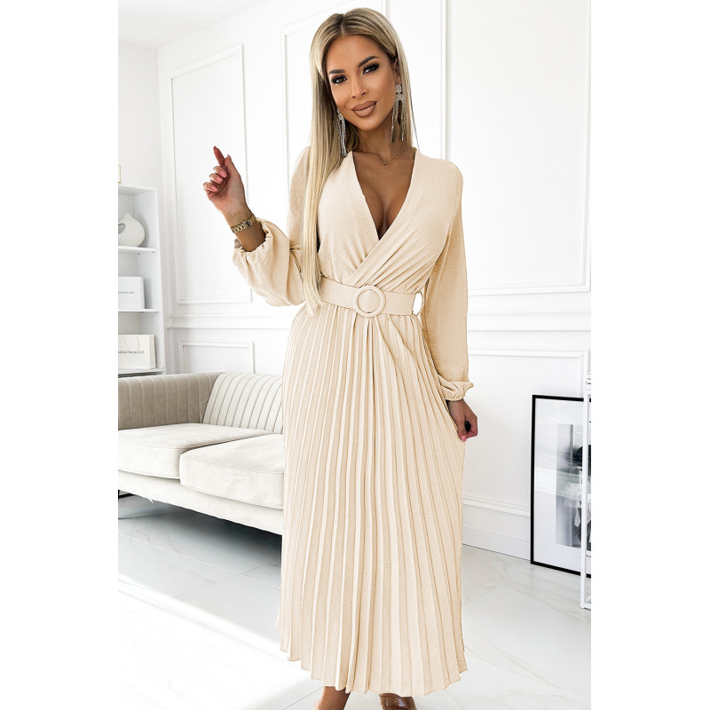  504-7 VIVIANA Pleated midi dress with scoop neckline, long sleeves and wide belt - light beige 