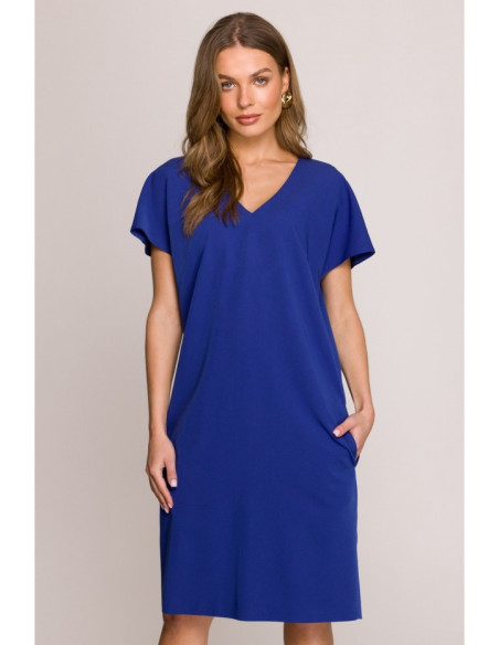 S392 Laisvai krentanti suknelė su V formos iškirpte - rugiagėlių mėlyna