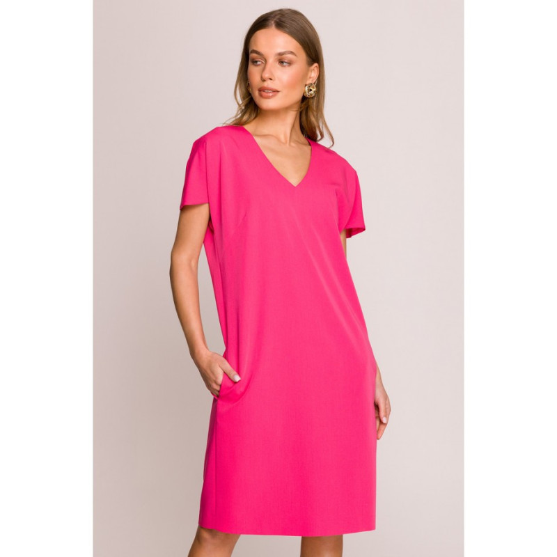 S392 Laisvai krentanti suknelė su V formos iškirpte - rožinė 2