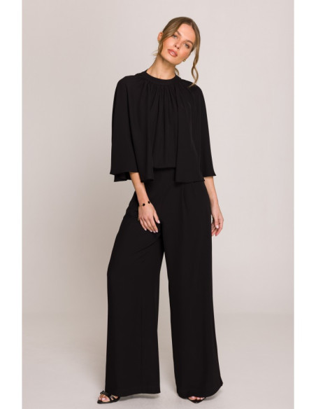 S397 Kombinezonas su plačiomis rankovėmis ir kaklaraiščiu - juodas