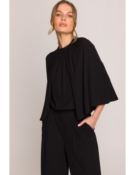 S397 Kombinezonas su plačiomis rankovėmis ir kaklaraiščiu - juodas