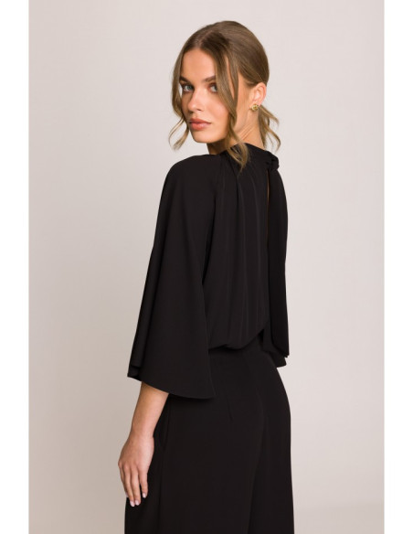 S397 Kombinezonas su plačiomis rankovėmis ir kaklaraiščiu - juodas