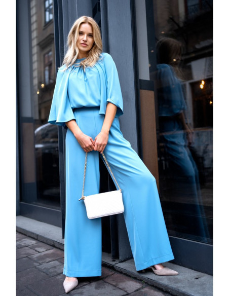 S397 Kombinezonas su plačiomis rankovėmis ir kaklaraiščiu - šaltai mėlynas