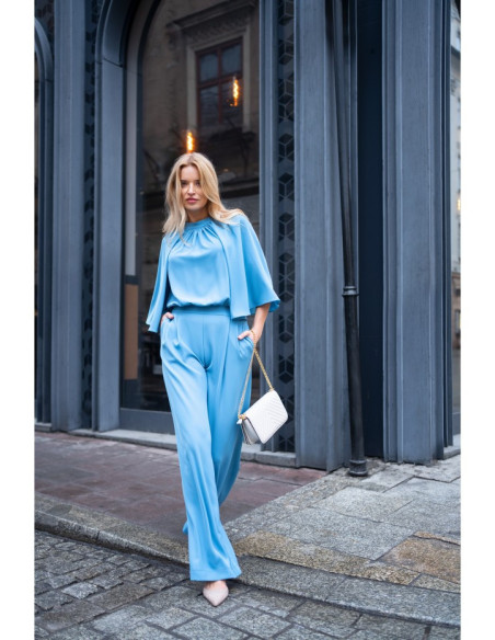 S397 Kombinezonas su plačiomis rankovėmis ir kaklaraiščiu - šaltai mėlynas