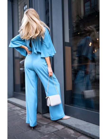 S397 Kombinezonas su plačiomis rankovėmis ir kaklaraiščiu - šaltai mėlynas