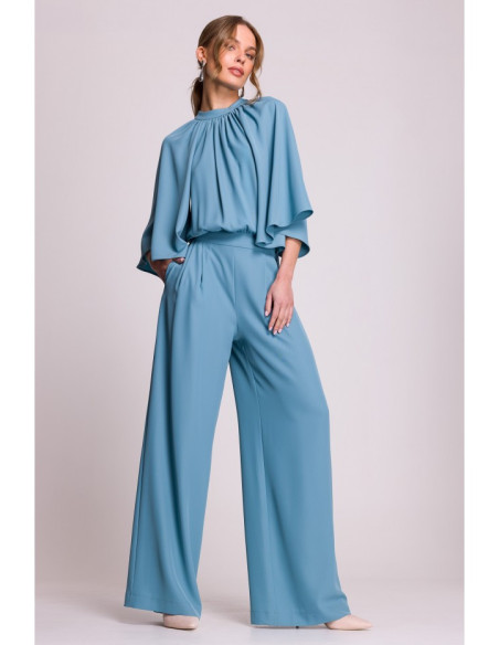 S397 Kombinezonas su plačiomis rankovėmis ir kaklaraiščiu - šaltai mėlynas