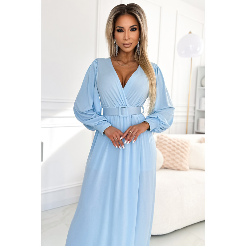  536-1 FIORELLA Long dress with a wide belt and neckline - light blue  2