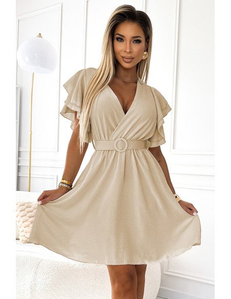  586-1 Women's dress with envelope neckline, sleeves and belt - beige 