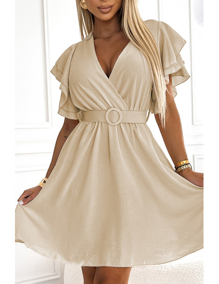  586-1 Women's dress with envelope neckline, sleeves and belt - beige 