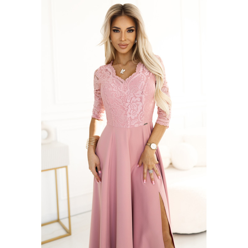 309-13 AMBER elegant long lace dress with a neckline - powder pink  2