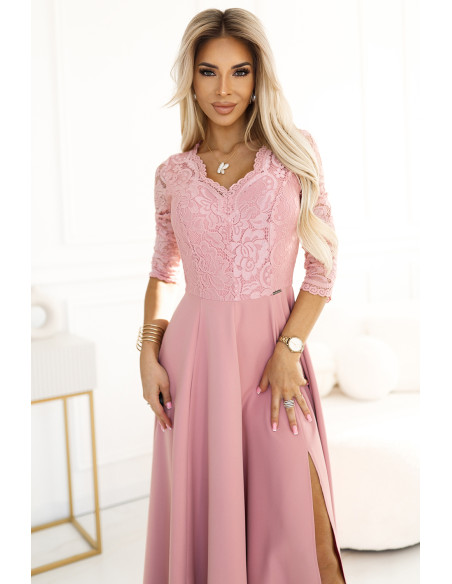  309-13 AMBER elegant long lace dress with a neckline - powder pink 