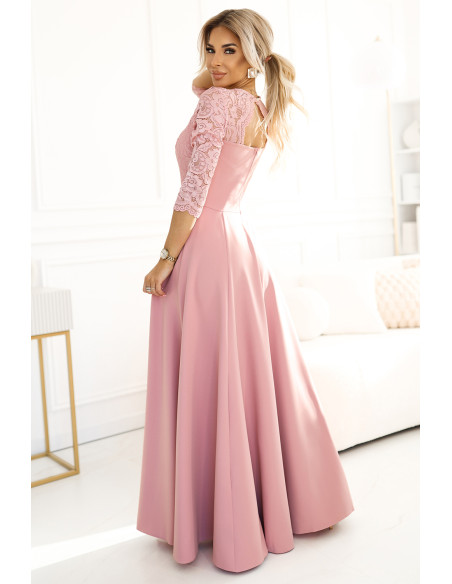  309-13 AMBER elegant long lace dress with a neckline - powder pink 