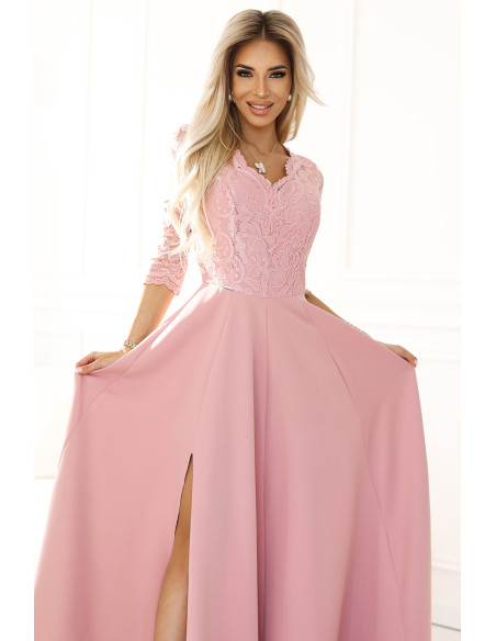  309-13 AMBER elegant long lace dress with a neckline - powder pink 