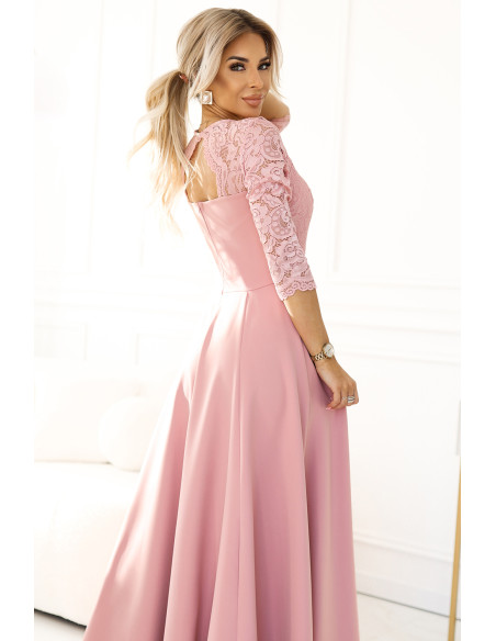  309-13 AMBER elegant long lace dress with a neckline - powder pink 