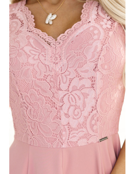  309-13 AMBER elegant long lace dress with a neckline - powder pink 