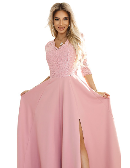  309-13 AMBER elegant long lace dress with a neckline - powder pink 