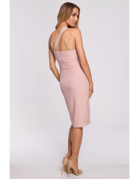 M572 Suknelė ant vieno peties - pudros mėlyna