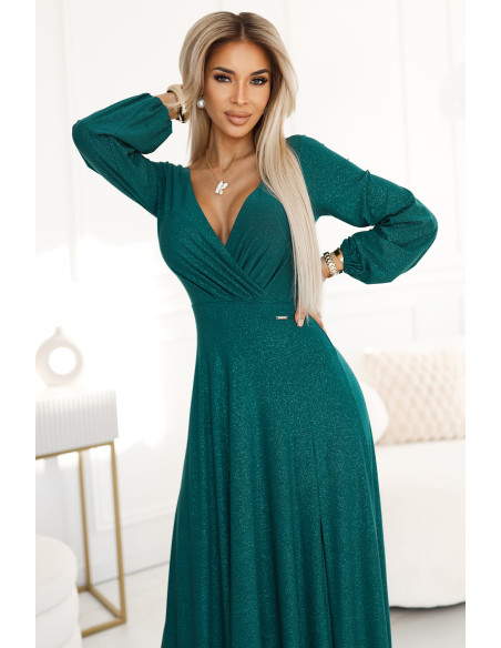  572-4 NELA shiny long dress with neckline, long sleeves and leg slit - green 