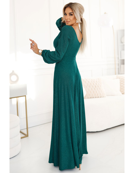  572-4 NELA shiny long dress with neckline, long sleeves and leg slit - green 