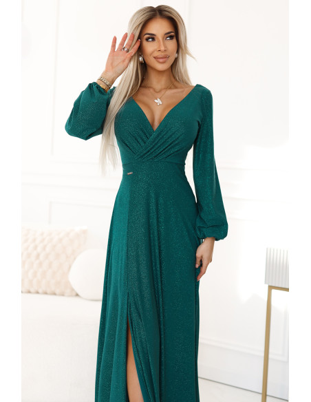  572-4 NELA shiny long dress with neckline, long sleeves and leg slit - green 