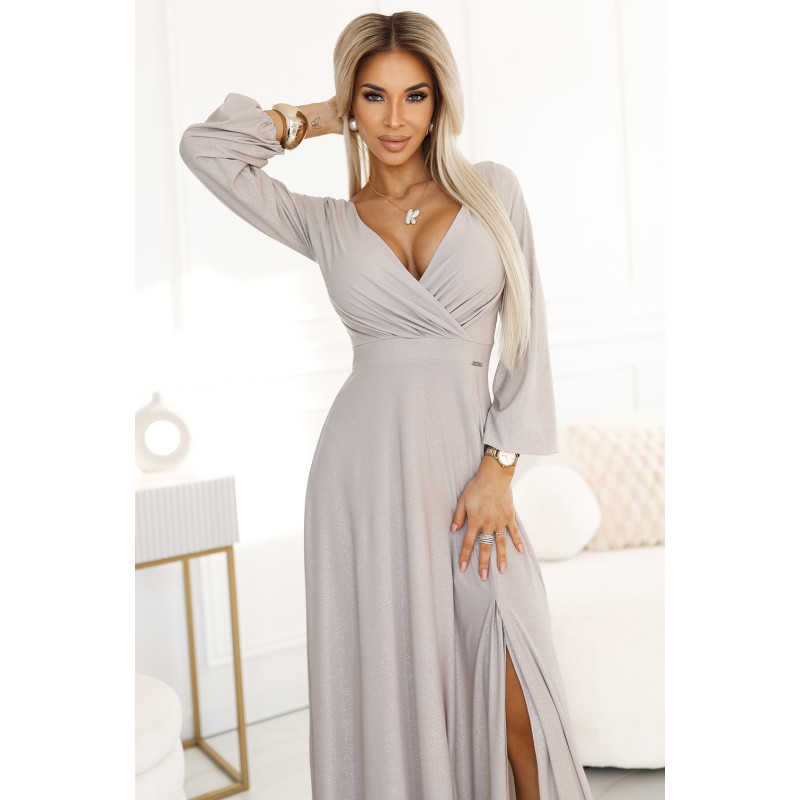 572-3 NELA shiny long dress with a neckline, long sleeves and a leg slit - beige  2
