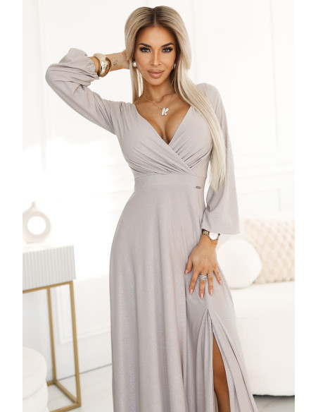  572-3 NELA shiny long dress with a neckline, long sleeves and a leg slit - beige 