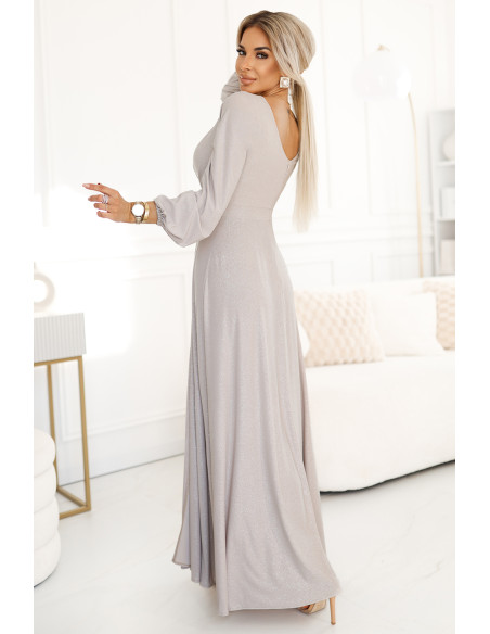  572-3 NELA shiny long dress with a neckline, long sleeves and a leg slit - beige 